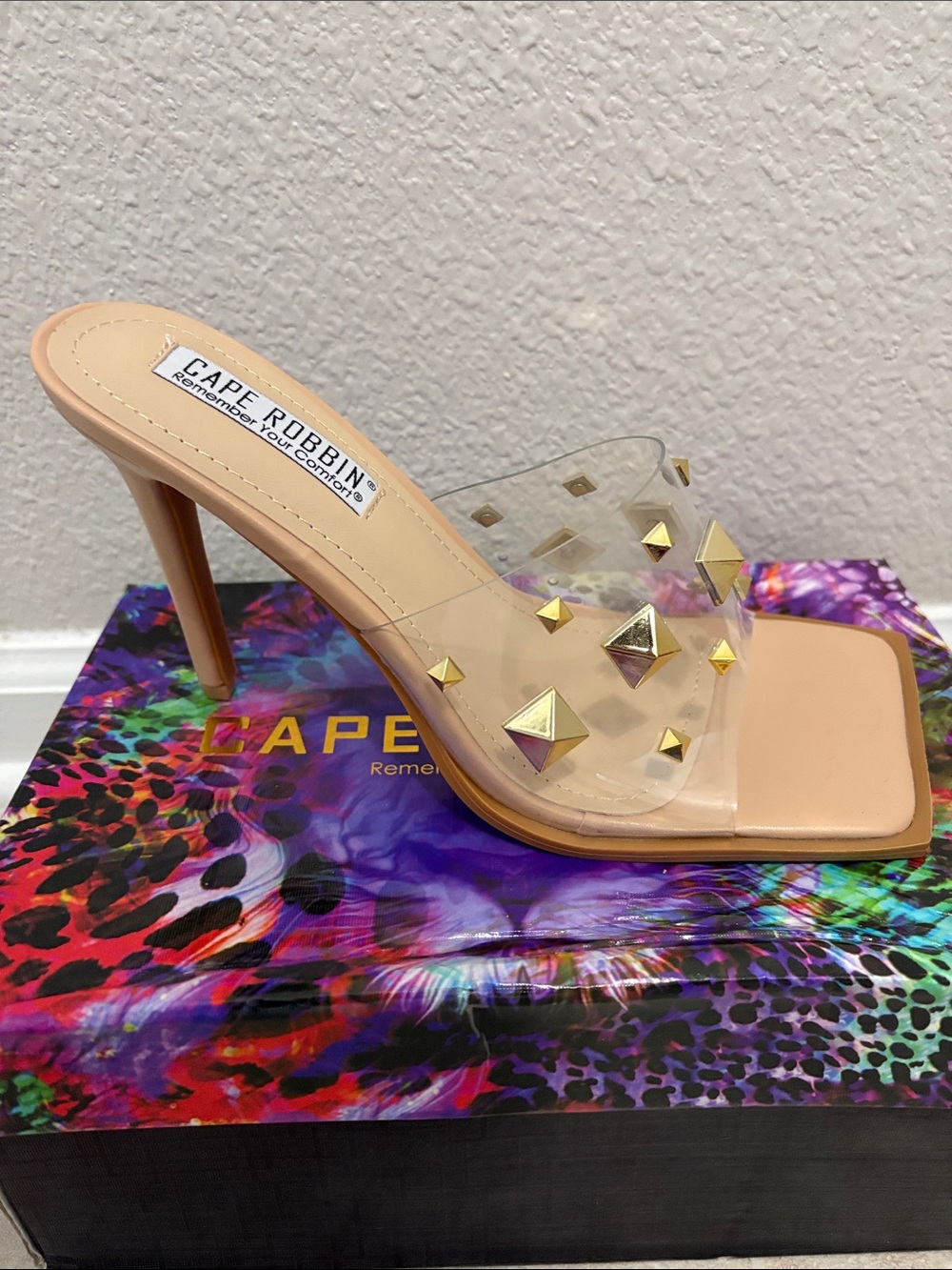 Nude Clear Studded High Heel Mules
